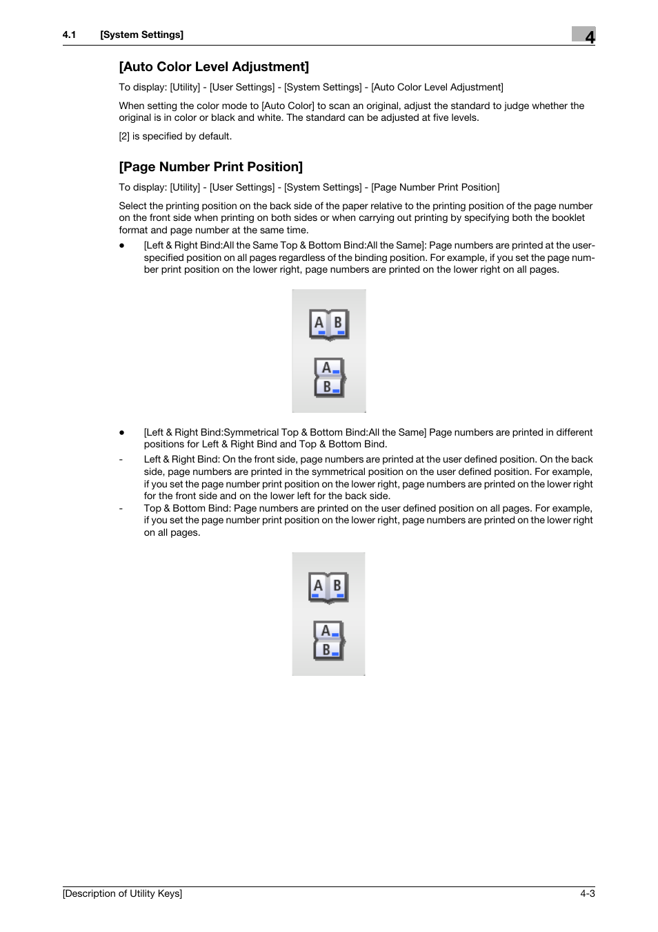 Auto color level adjustment, Page number print position | Konica Minolta bizhub 4050 User Manual | Page 21 / 65