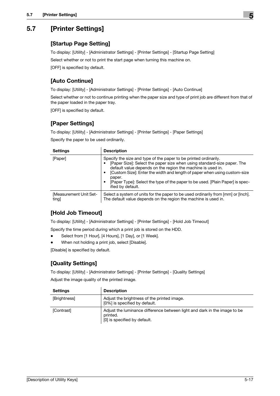7 [printer settings, Auto continue, Paper settings | Hold job timeout, Quality settings, Startup page setting | Konica Minolta bizhub 4050 User Manual | Page 46 / 65