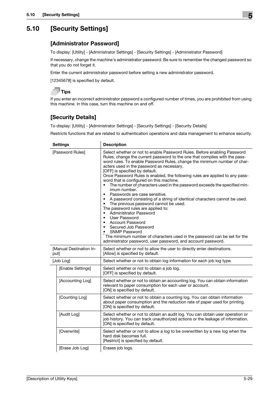 10 [security settings, Administrator password, Security details | Konica Minolta bizhub 4050 User Manual | Page 58 / 65