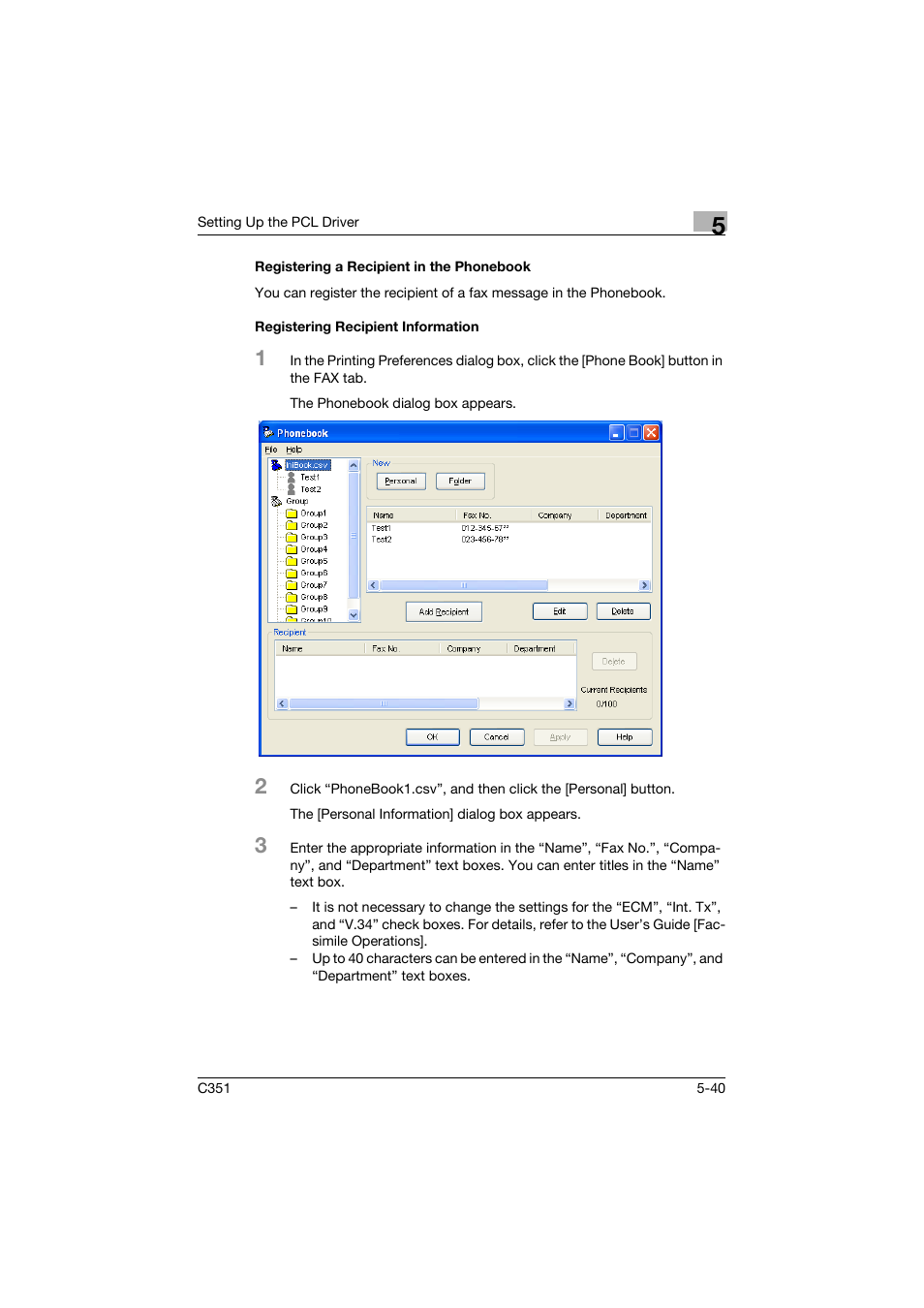 Registering a recipient in the phonebook, Registering recipient information | Konica Minolta BIZHUB C351 User Manual | Page 153 / 380