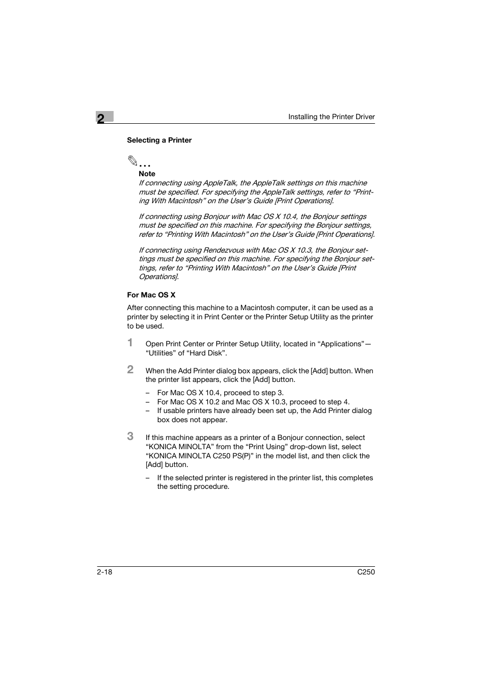 Selecting a printer, For mac os x, Selecting a printer -18 for mac os x -18 | Konica Minolta bizhub C250 User Manual | Page 41 / 96