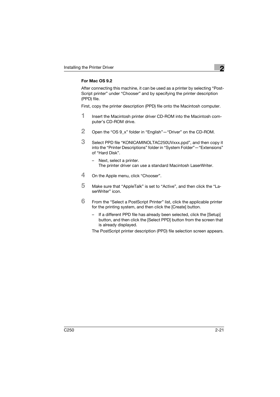 For mac os 9.2, For mac os 9.2 -21 | Konica Minolta bizhub C250 User Manual | Page 44 / 96