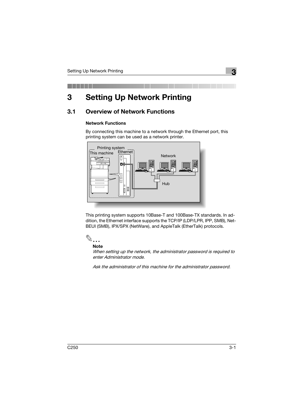 3 setting up network printing, 1 overview of network functions, Network functions | Setting up network printing, Overview of network functions -1, Network functions -1, 3setting up network printing | Konica Minolta bizhub C250 User Manual | Page 48 / 96