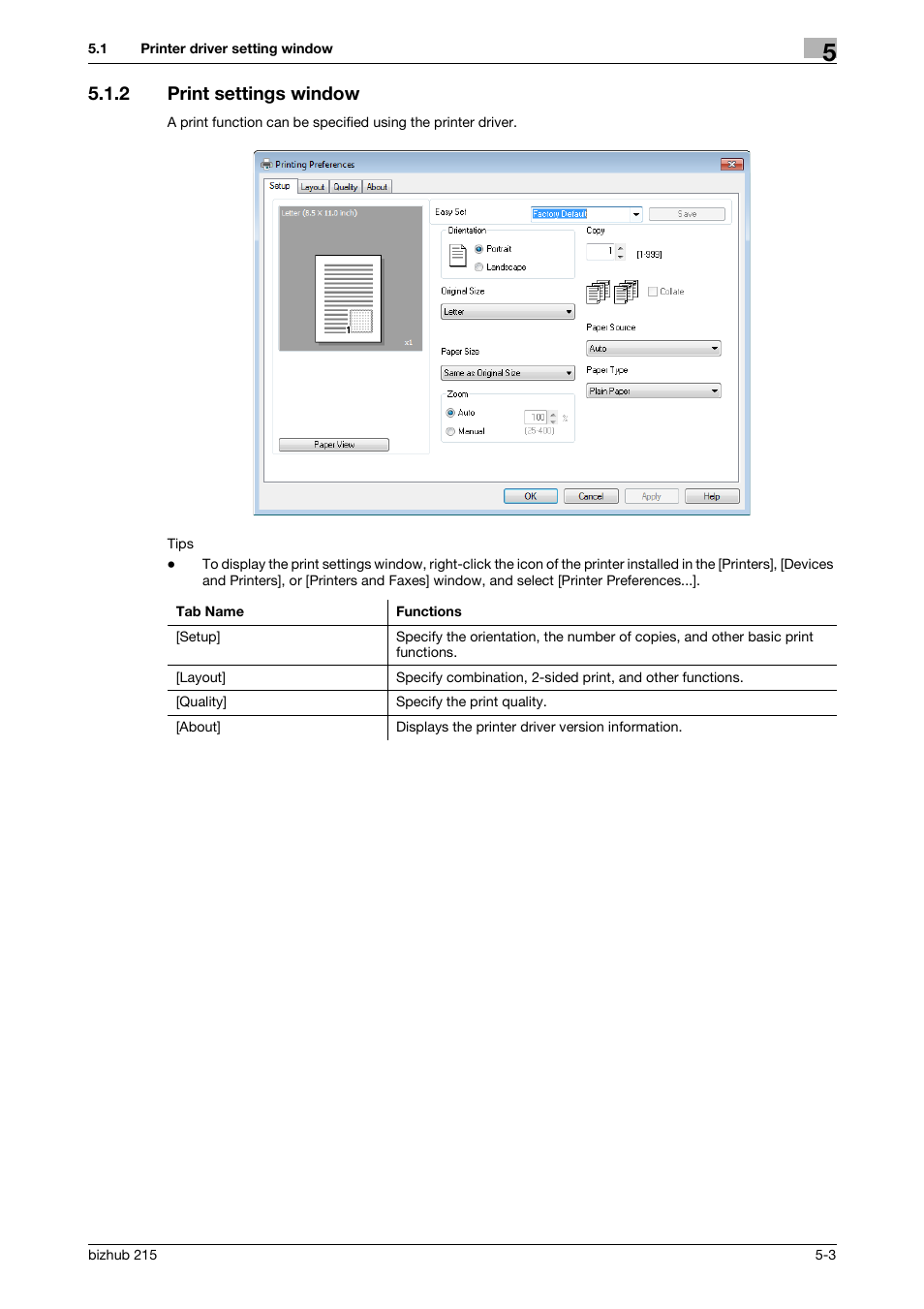 2 print settings window, Print settings window -3 | Konica Minolta Bizhub 215 User Manual | Page 55 / 88