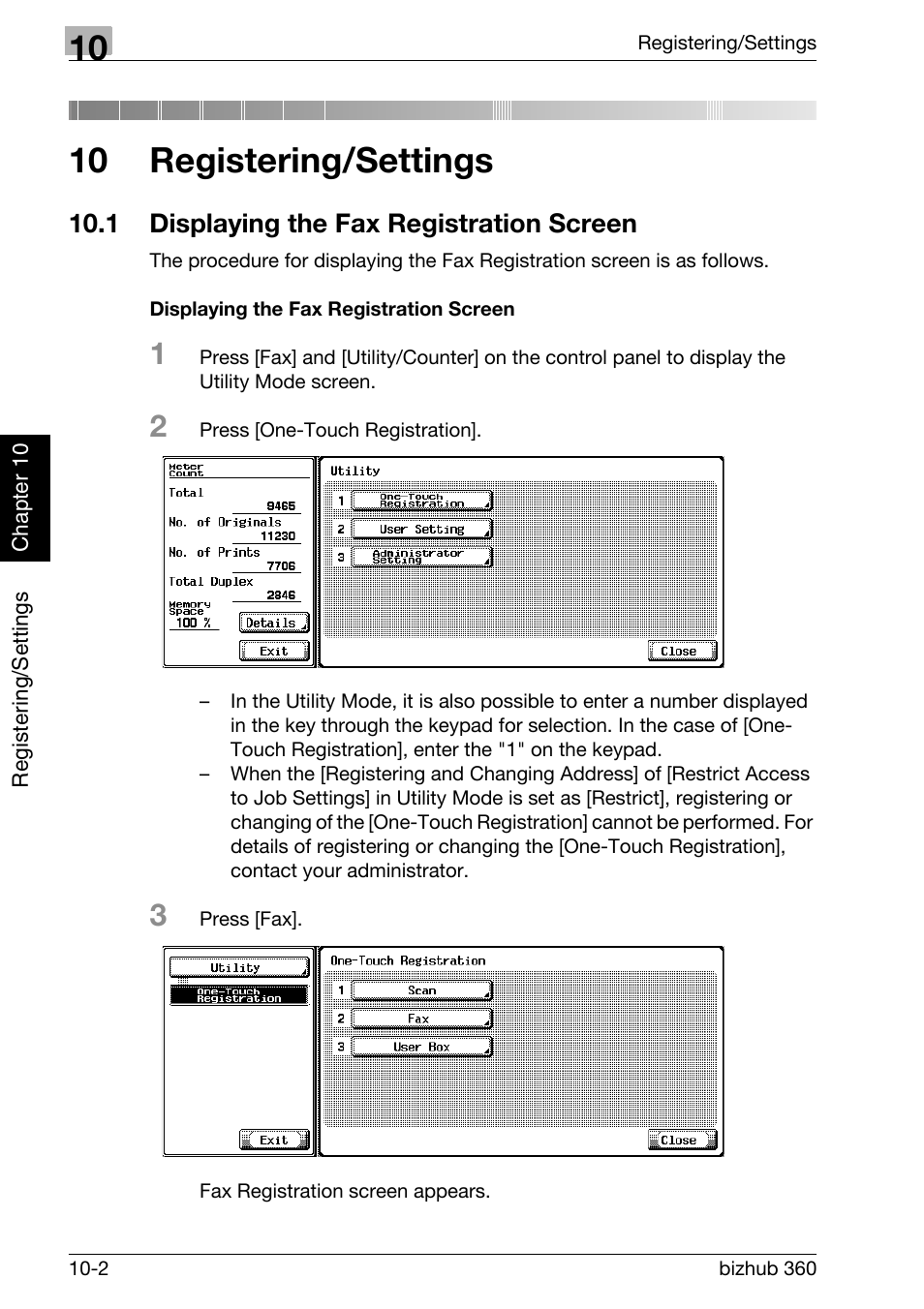10 registering/settings, 1 displaying the fax registration screen, Displaying the fax registration screen | Displaying the fax registration screen -2 | Konica Minolta FK-502 User Manual | Page 213 / 458
