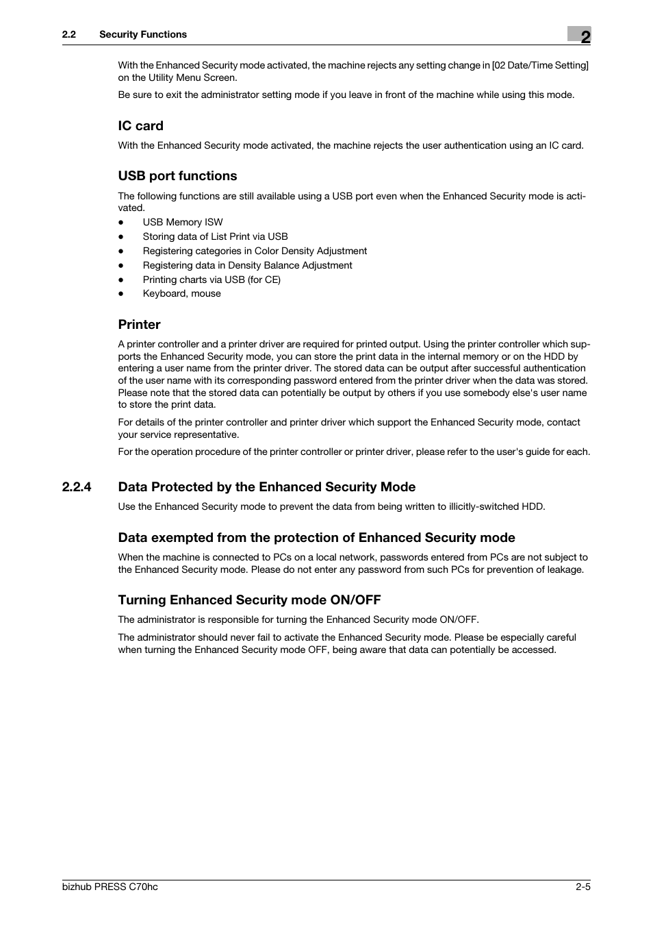 Ic card, Usb port functions, Printer | 4 data protected by the enhanced security mode, Turning enhanced security mode on/off, Data protected by the enhanced security mode -5 | Konica Minolta bizhub PRESS C70hc User Manual | Page 11 / 42