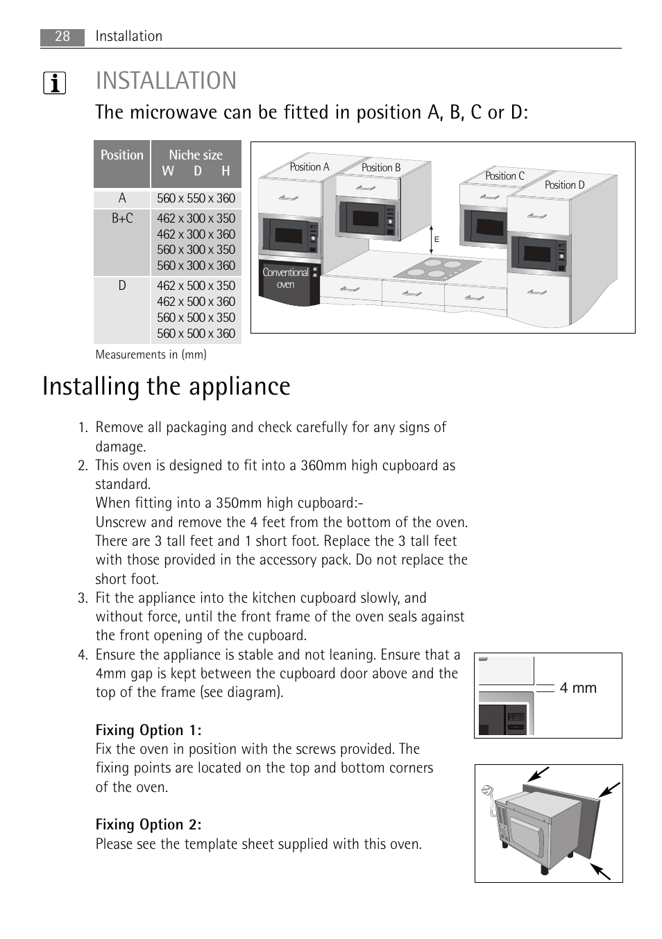 Installing the appliance, Installation | AEG MC2664E-W User Manual | Page 28 / 36