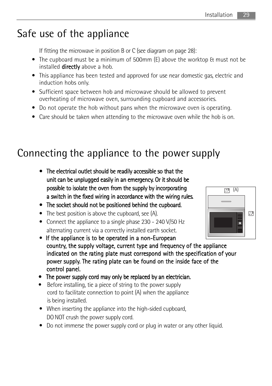 Safe use of the appliance, Connecting the appliance to the power supply | AEG MC2664E-W User Manual | Page 29 / 36