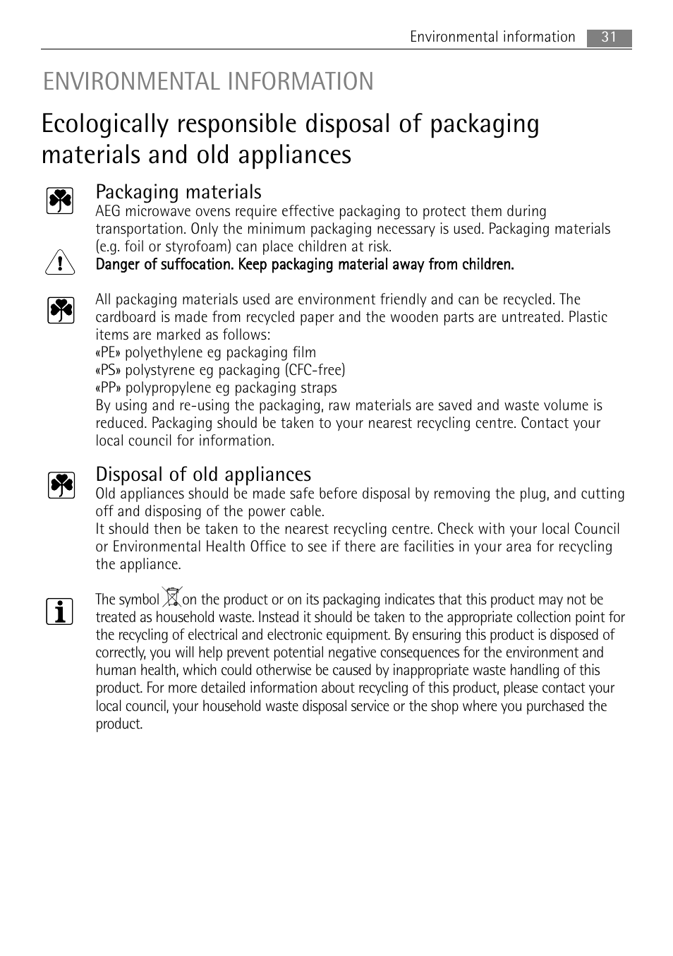 Environmental information, Packaging materials, Disposal of old appliances | AEG MC2664E-W User Manual | Page 31 / 36