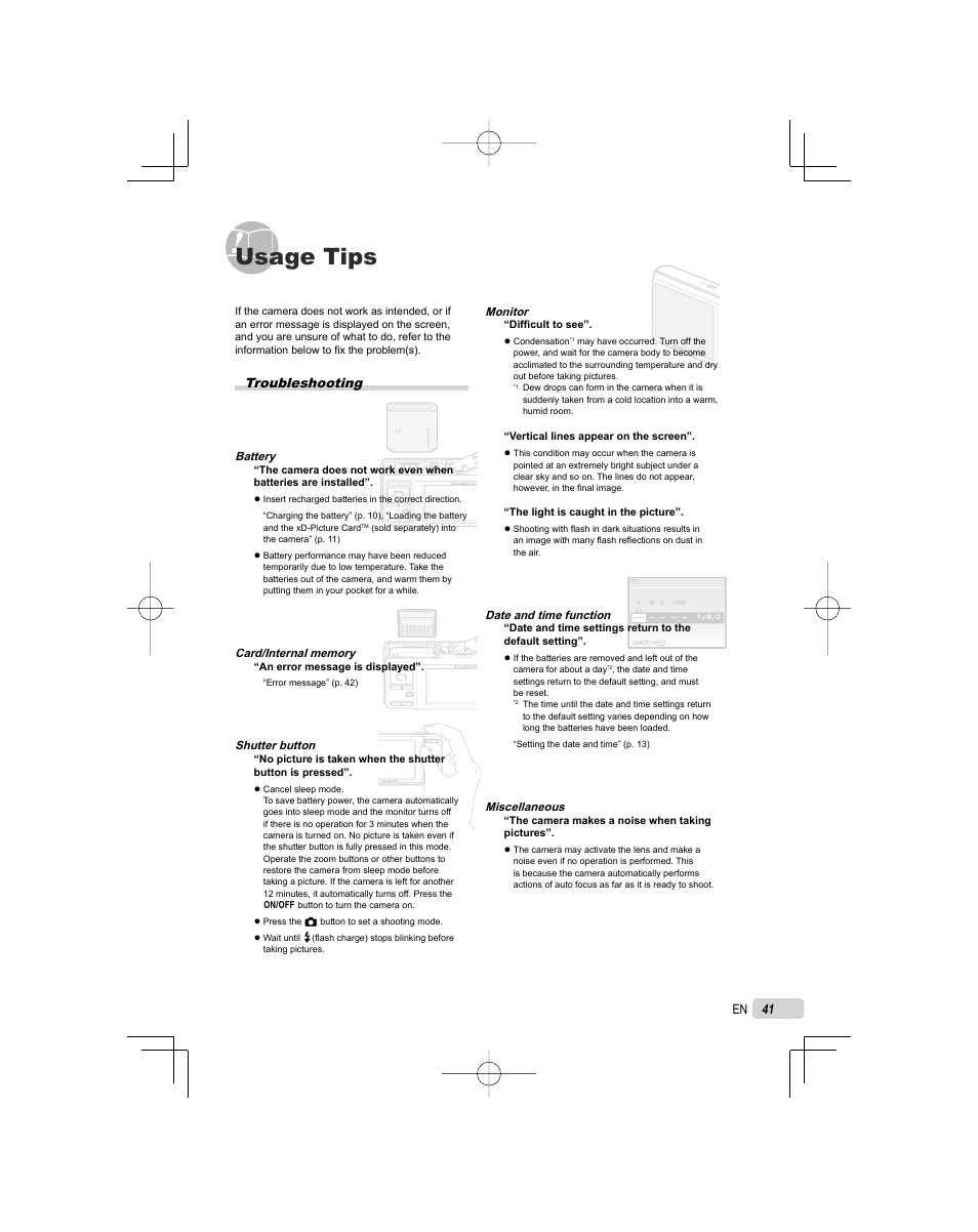 Usage tips, Troubleshooting | Olympus FE-3010 User Manual | Page 41 / 62