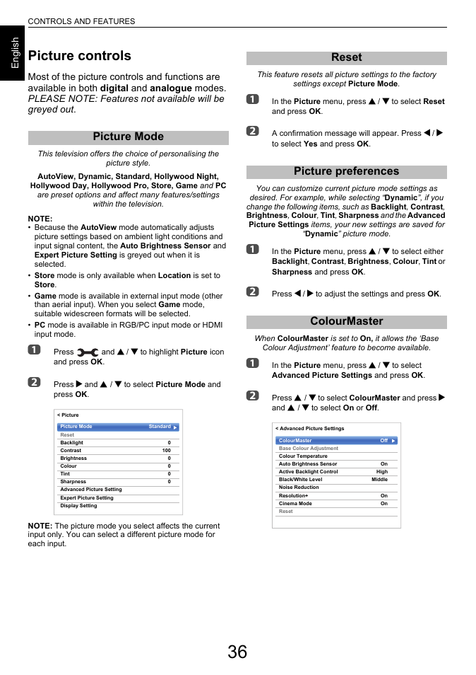 Picture controls, Picture mode, Reset | Picture preferences, Colourmaster, Reset picture preferences colourmaster, En g lis h | Toshiba L6463 User Manual | Page 36 / 95