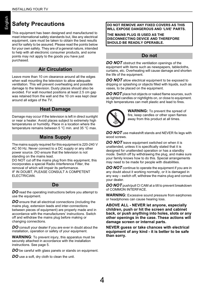 Installing your tv, Safety precautions, Air circulation heat damage mains supply do | Do not | Toshiba L6463 User Manual | Page 4 / 95