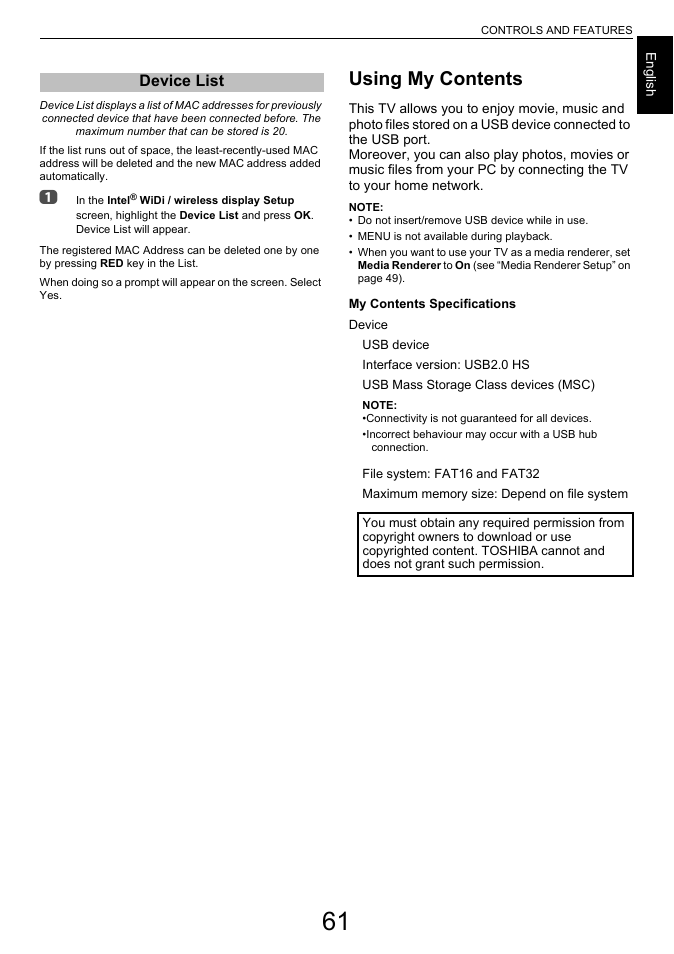 Device list, Using my contents | Toshiba L6463 User Manual | Page 61 / 95