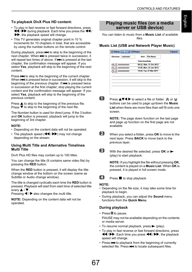 Playing music files, On a media server or usb device) | Toshiba L6463 User Manual | Page 67 / 95