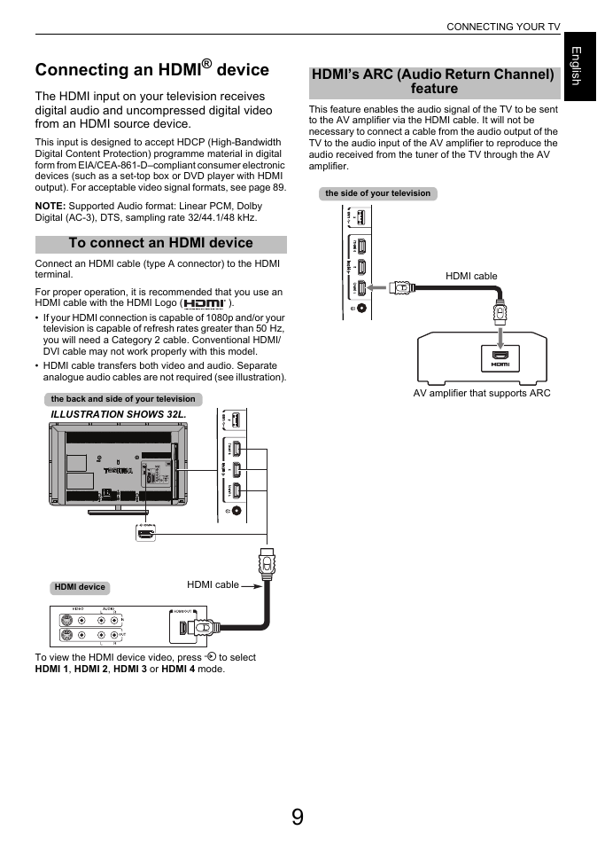 Connecting an hdmi® device, To connect an hdmi device, Hdmi’s arc (audio return channel) feature | Connecting an hdmi, Device | Toshiba L6463 User Manual | Page 9 / 95