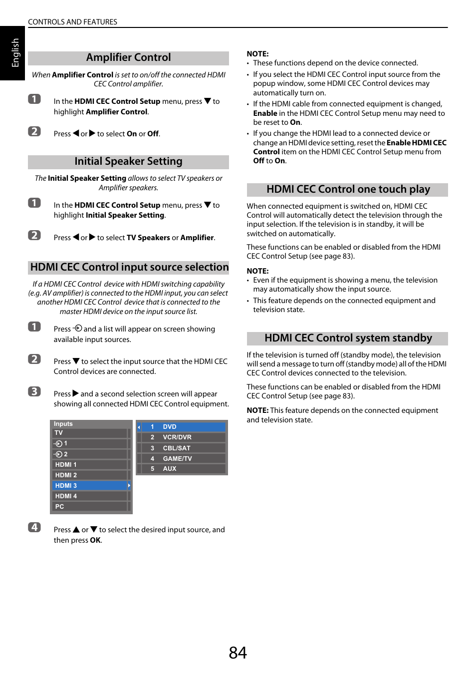 Amplifier control, Initial speaker setting, Hdmi cec control input source selection | Hdmi cec control one touch play, Hdmi cec control system standby | Toshiba YL985 User Manual | Page 84 / 102