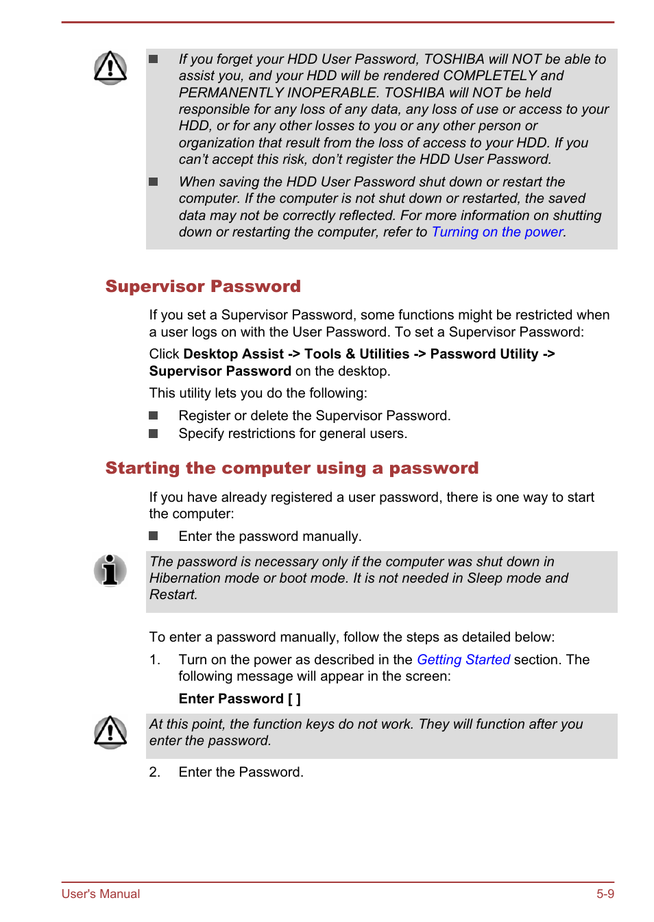 Supervisor password, Starting the computer using a password | Toshiba Satellite P70-B User Manual | Page 91 / 137