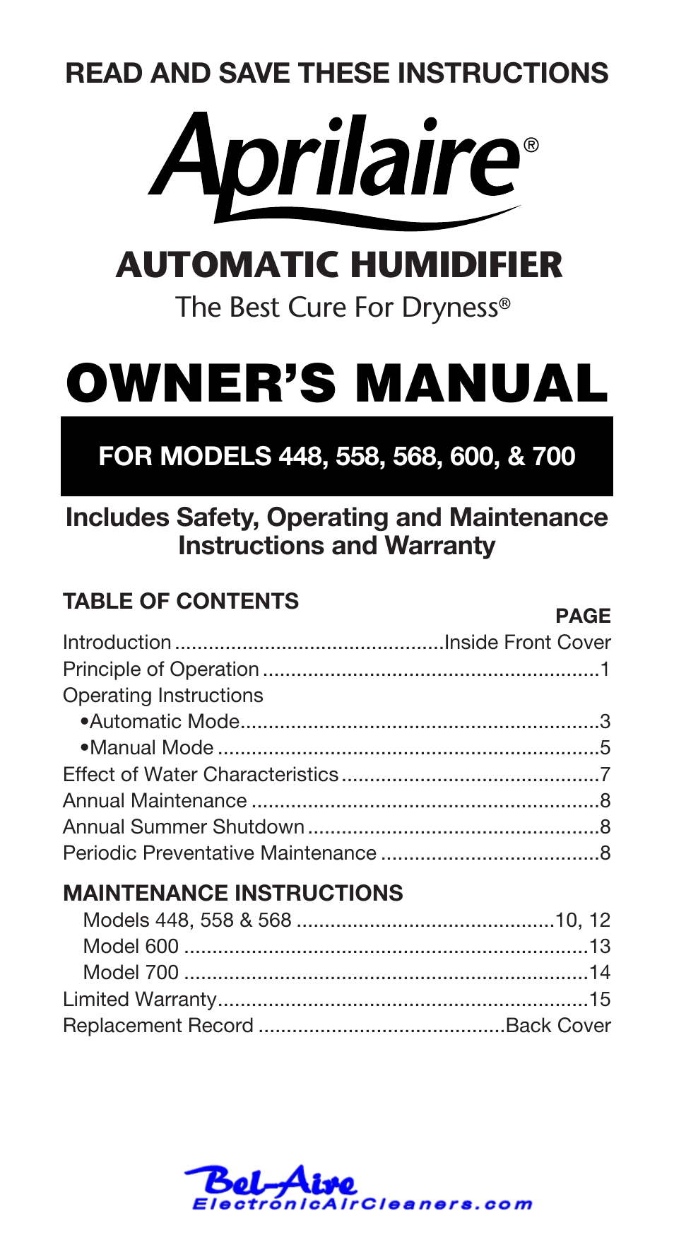 Aprilaire 600 User Manual | 20 pages