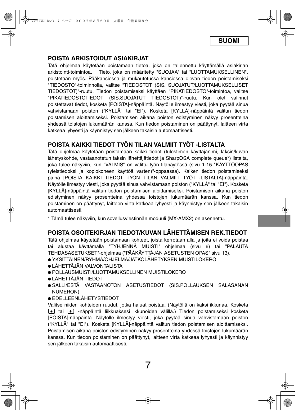 Suomi, Poista arkistoidut asiakirjat | Sharp Funkcja identyfikacji użytkownika User Manual | Page 105 / 184