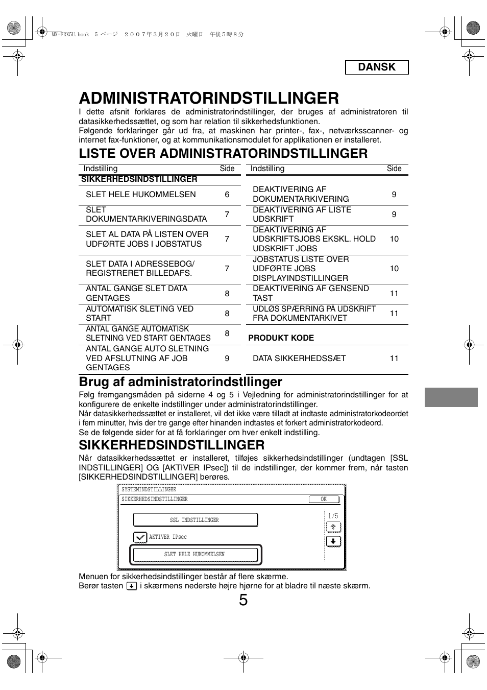 Administratorindstillinger, Sikkerhedsindstillinger, Dansk | Sharp Funkcja identyfikacji użytkownika User Manual | Page 115 / 184