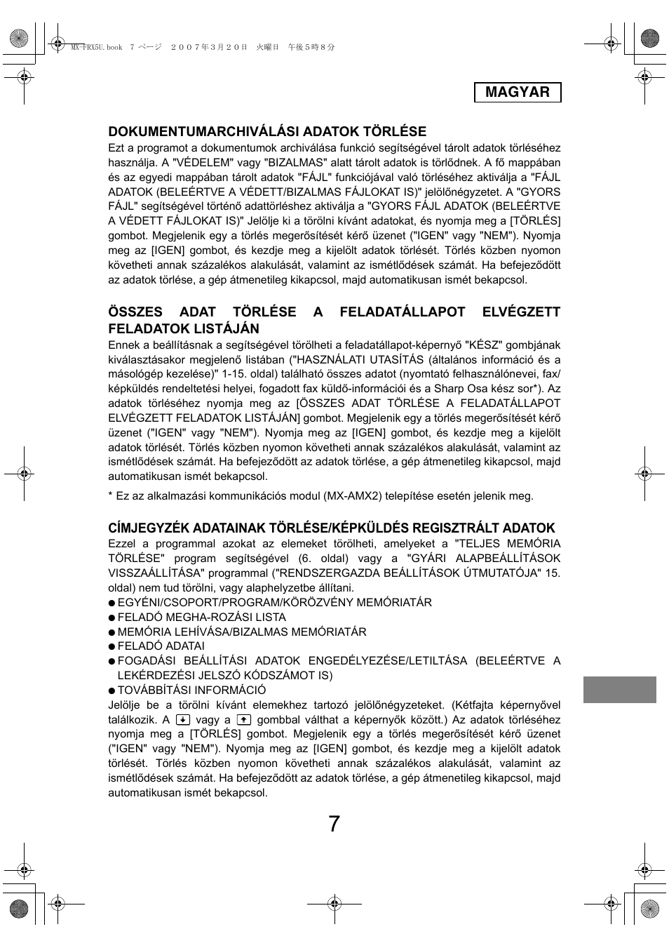 Magyar, Dokumentumarchiválási adatok törlése | Sharp Funkcja identyfikacji użytkownika User Manual | Page 153 / 184