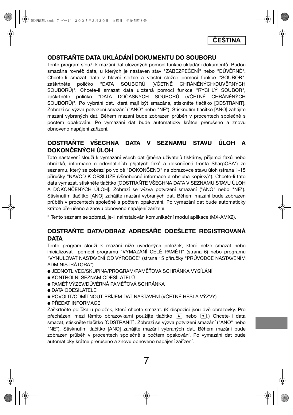 Čeština, Odstraňte data ukládání dokumentu do souboru | Sharp Funkcja identyfikacji użytkownika User Manual | Page 165 / 184