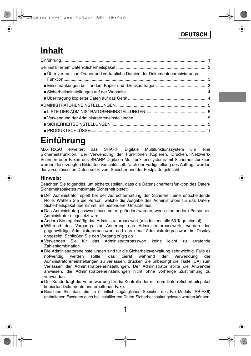 Inhalt, Einführung, Deutsch | Hinweis | Sharp Funkcja identyfikacji użytkownika User Manual | Page 39 / 184