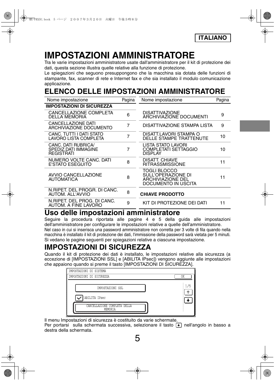 Impostazioni amministratore, Impostazioni di sicurezza, Italiano | Sharp Funkcja identyfikacji użytkownika User Manual | Page 55 / 184