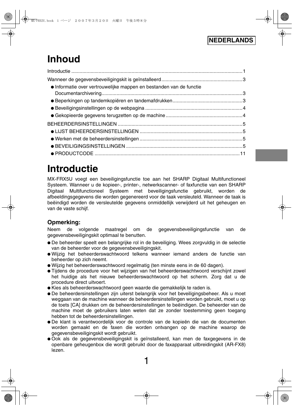 Inhoud, Introductie, Nederlands | Opmerking | Sharp Funkcja identyfikacji użytkownika User Manual | Page 63 / 184