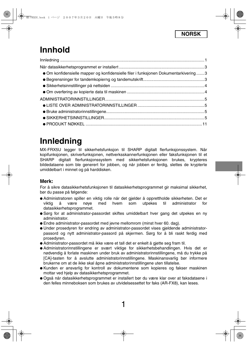Innhold, Innledning, Norsk | Merk | Sharp Funkcja identyfikacji użytkownika User Manual | Page 87 / 184
