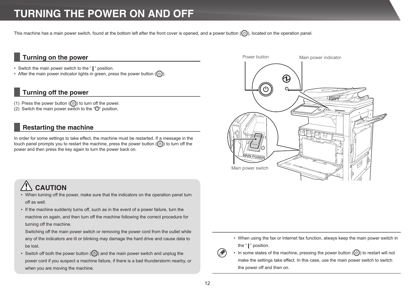 Turning the power on and off, Caution | Sharp MX-5140N User Manual | Page 12 / 28