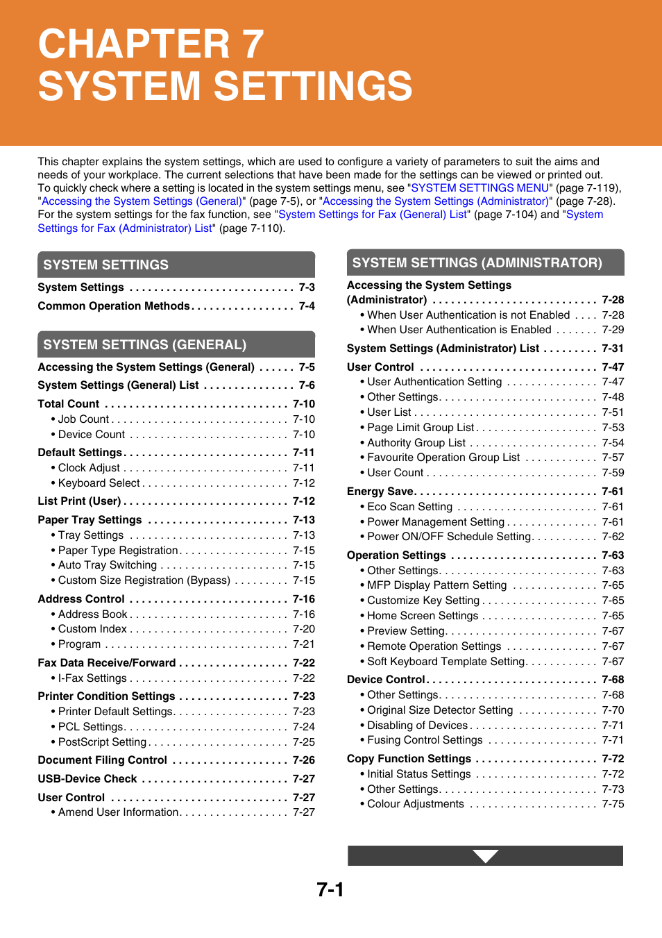 System settings, Chapter 7 system settings | Sharp MX-2614N User Manual | Page 669 / 836