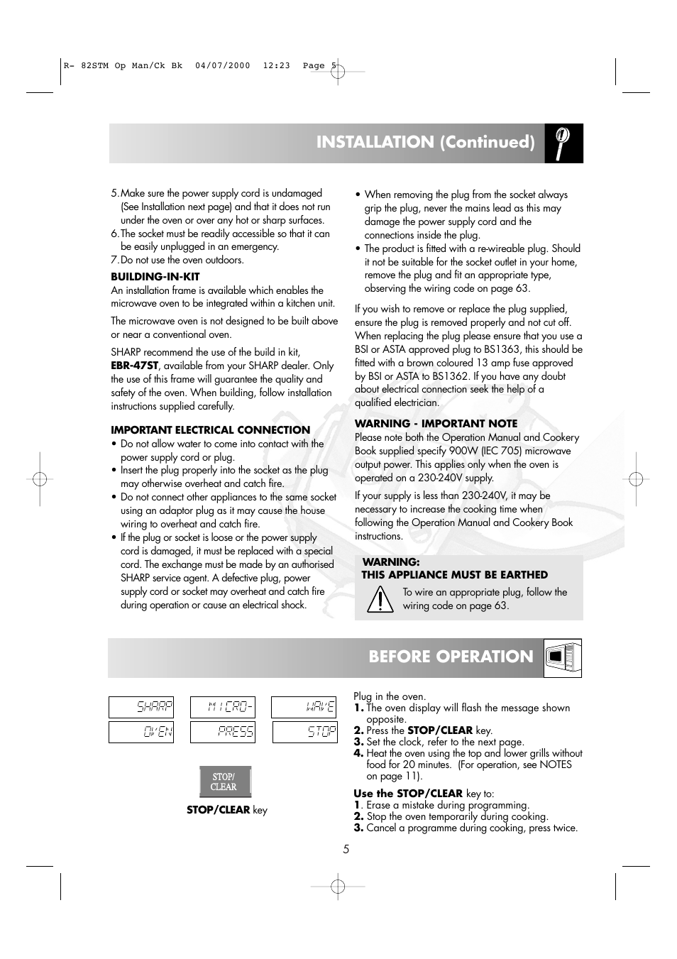 Installation (continued), Before operation | Sharp R82STMA User Manual | Page 7 / 68