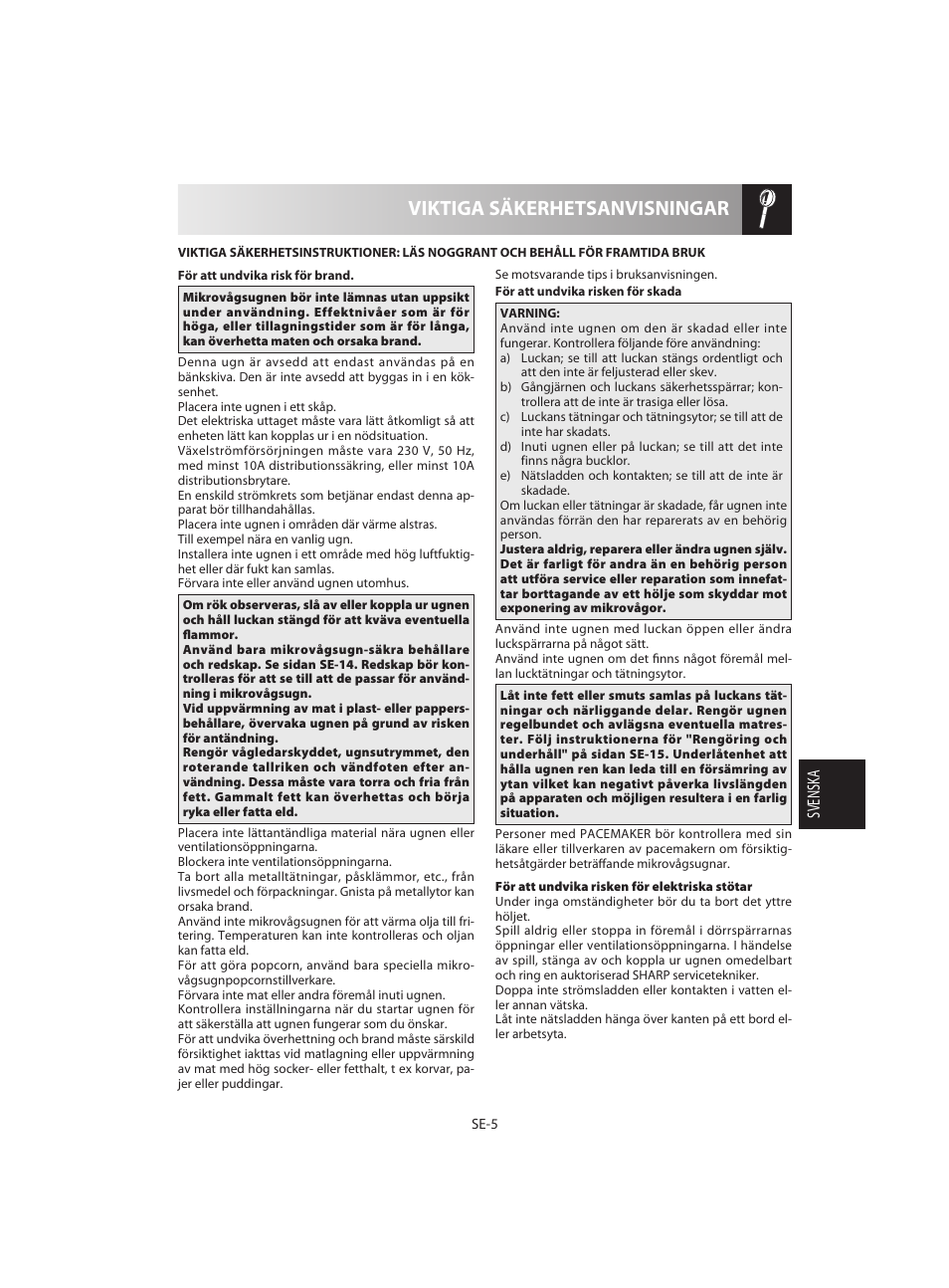 Viktiga säkerhetsanvisningar | Sharp R-642BKW User Manual | Page 103 / 180