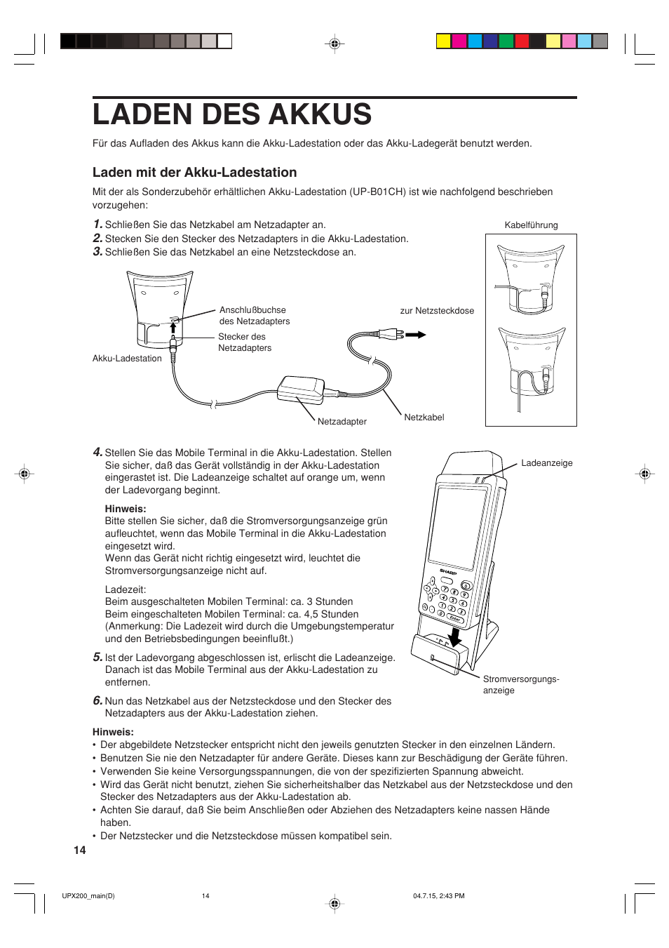 Laden des akkus, Laden mit der akku-ladestation | Sharp UP-X200 User Manual | Page 16 / 48