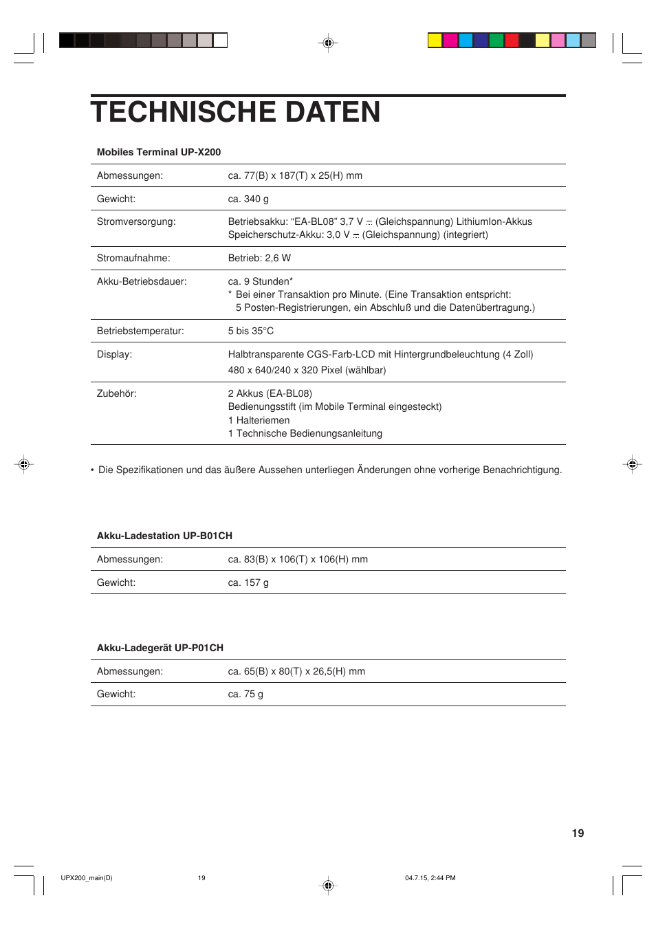Technische daten | Sharp UP-X200 User Manual | Page 21 / 48