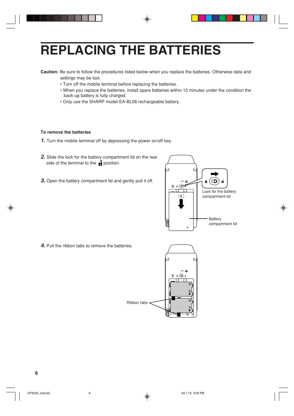 Replacing the batteries | Sharp UP-X200 User Manual | Page 8 / 48