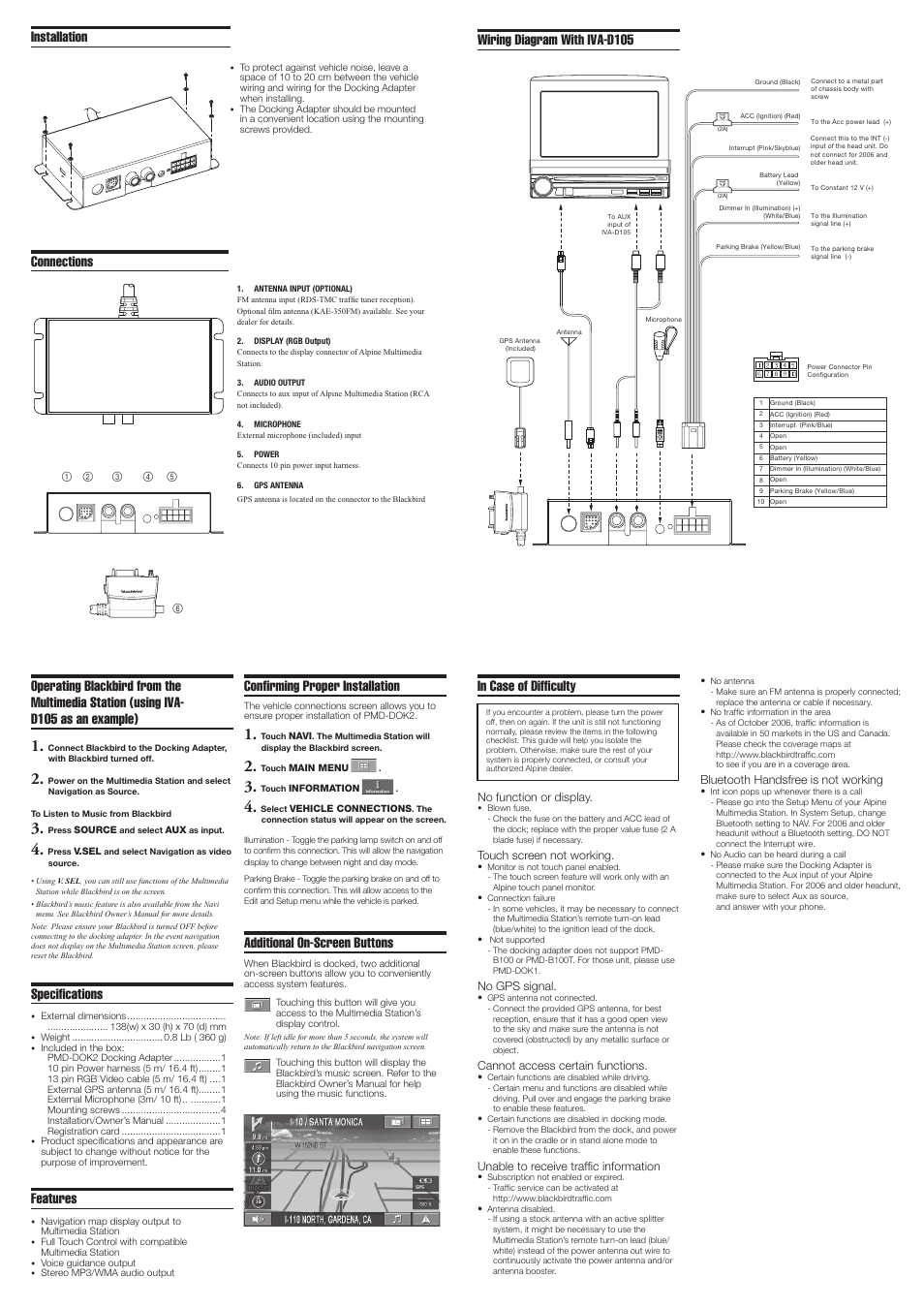 Connections, Wiring diagram with iva-d105, Specifications | Features, Installation, Confirming proper installation, Additional on-screen buttons | Alpine Blackbird Docking Adapter PMD-DOK2 User Manual | Page 2 / 2