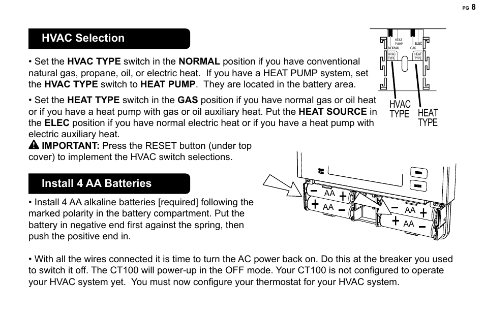 Hvac selection, Install 4 aa batteries, Hvac type | Heat type | 2GIG CT100 User Manual | Page 8 / 20