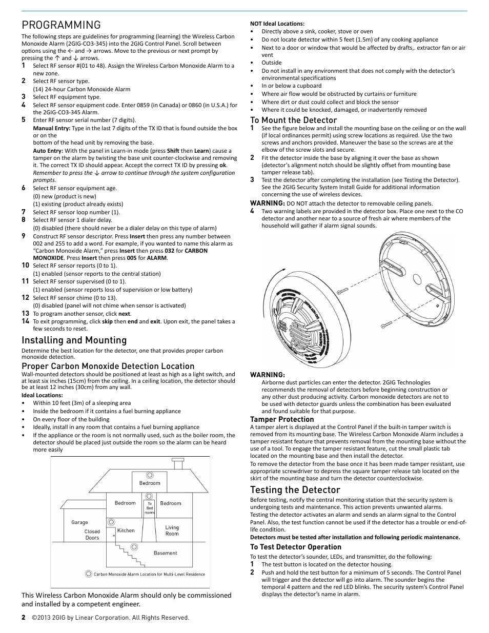 Programming, Installing and mounting, Testing the detector | Proper carbon monoxide detection location | 2GIG CO3-345 Carbon Monoxide Detector User Manual | Page 2 / 3