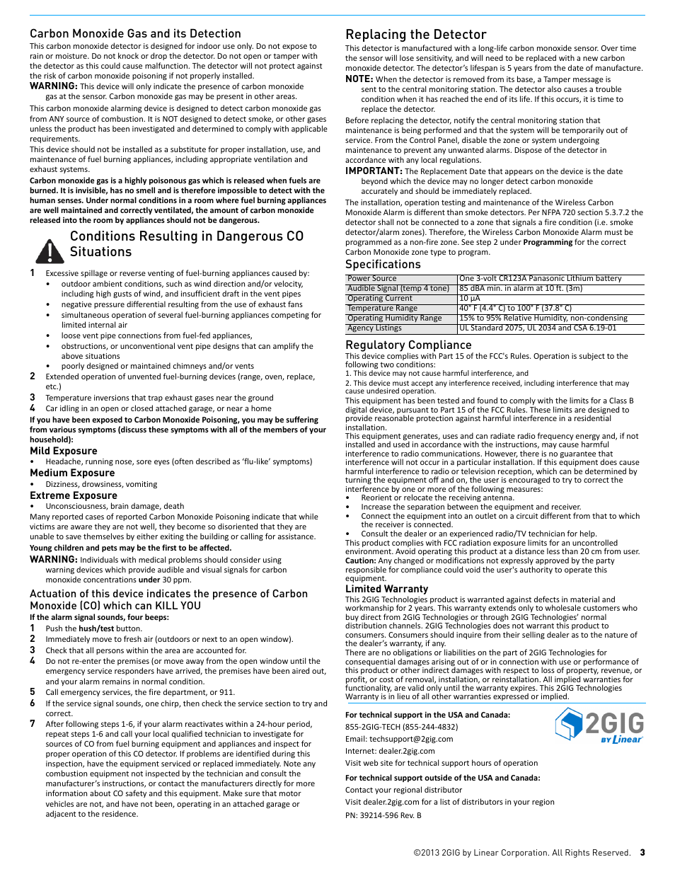 Conditions resulting in dangerous co situations, Replacing the detector, Carbon monoxide gas and its detection | Specifications regulatory compliance | 2GIG CO3-345 Carbon Monoxide Detector User Manual | Page 3 / 3