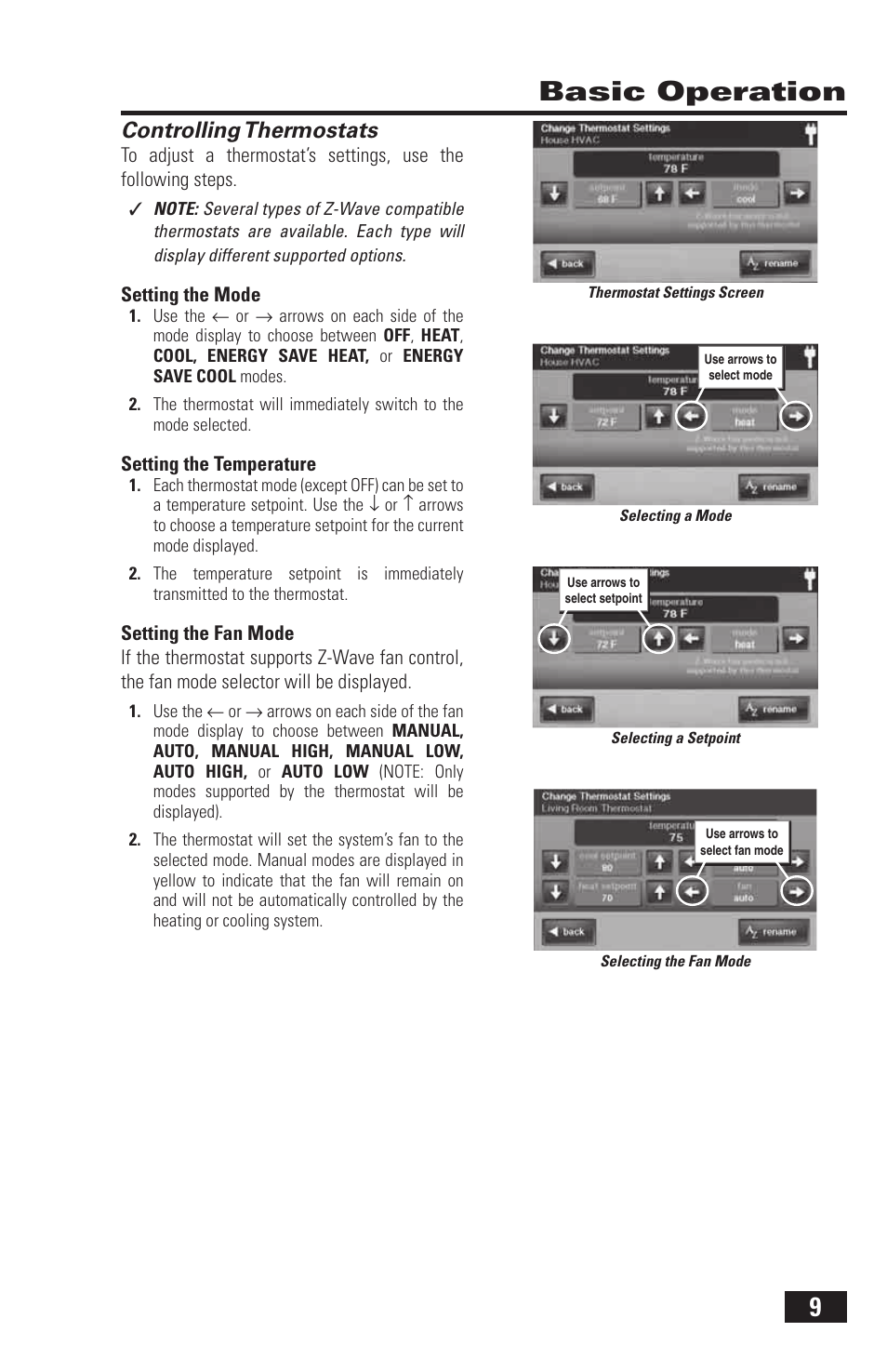 9basic operation, Controlling thermostats | 2GIG Z-Wave User Manual | Page 11 / 24