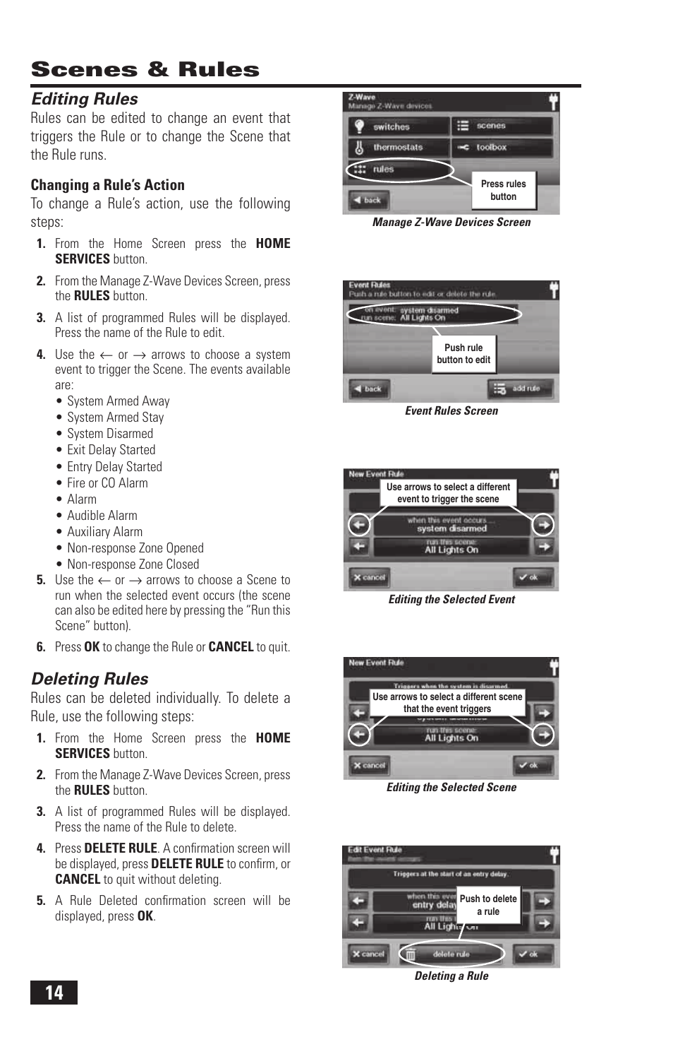Scenes & rules, Editing rules, Deleting rules | 2GIG Z-Wave User Manual | Page 16 / 24