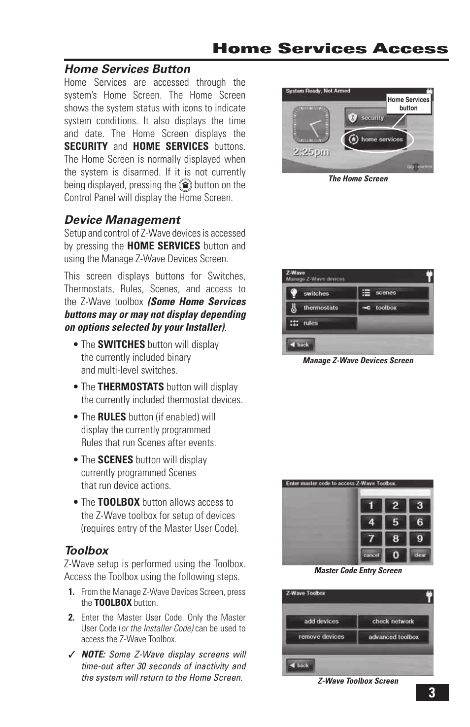 3home services access, Home services button, Device management | Toolbox | 2GIG Z-Wave User Manual | Page 5 / 24