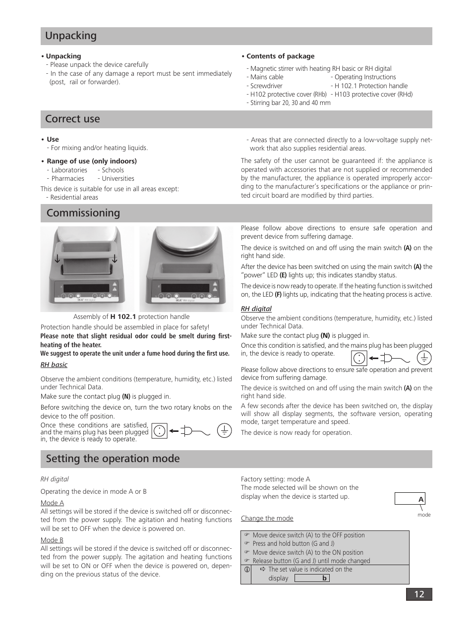 Unpacking, Correct use, Commissioning | Setting the operation mode | IKA RH digital User Manual | Page 12 / 52