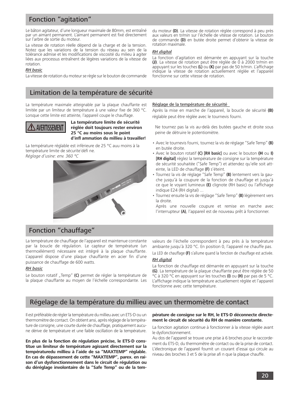 Avertissement, Fonction “agitation | IKA RH digital User Manual | Page 20 / 52