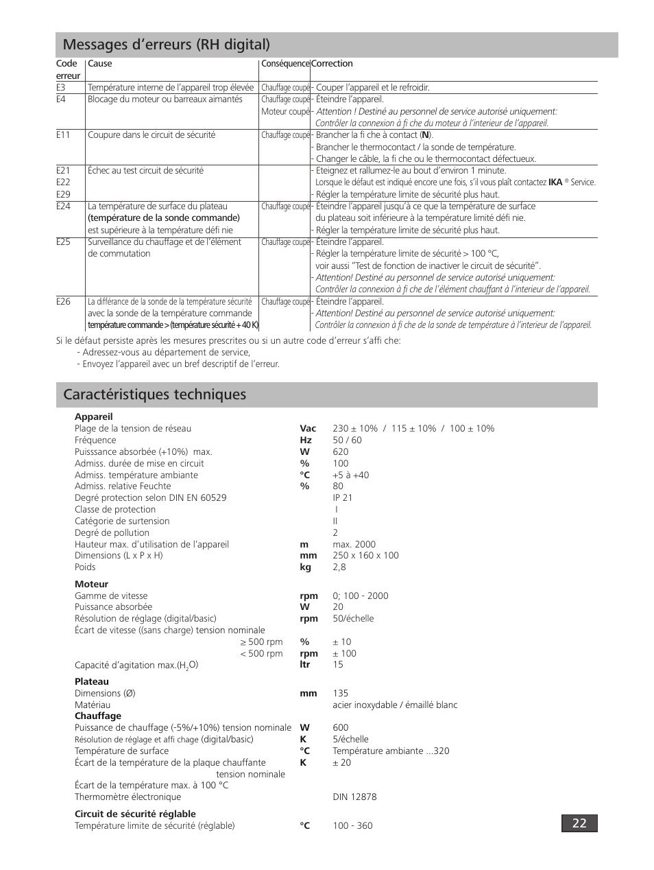 Caractéristiques techniques, Messages d‘erreurs (rh digital) | IKA RH digital User Manual | Page 22 / 52