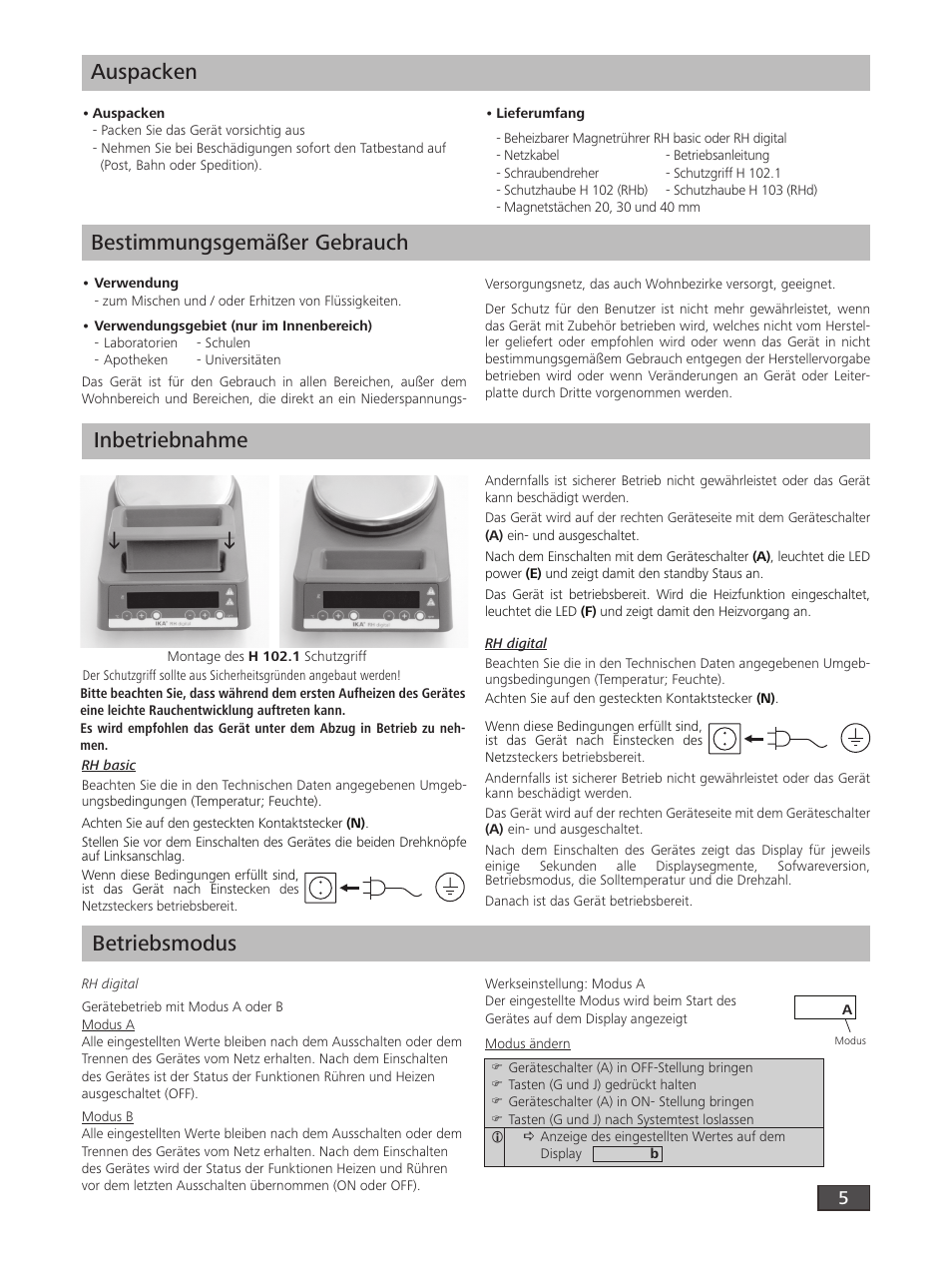 Auspacken, Bestimmungsgemäßer gebrauch, Inbetriebnahme | Betriebsmodus | IKA RH digital User Manual | Page 5 / 52