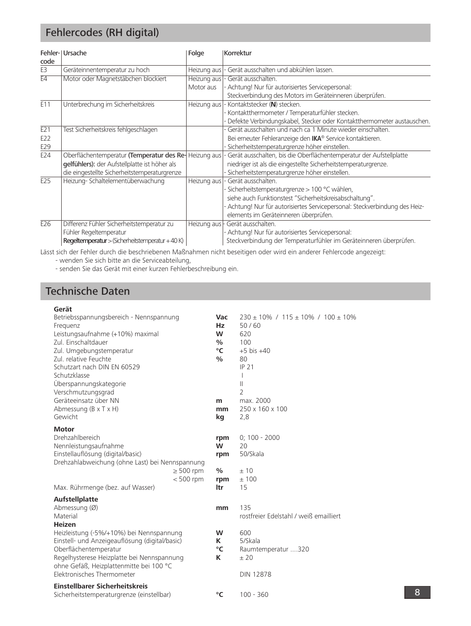 Technische daten, Fehlercodes (rh digital) | IKA RH digital User Manual | Page 8 / 52