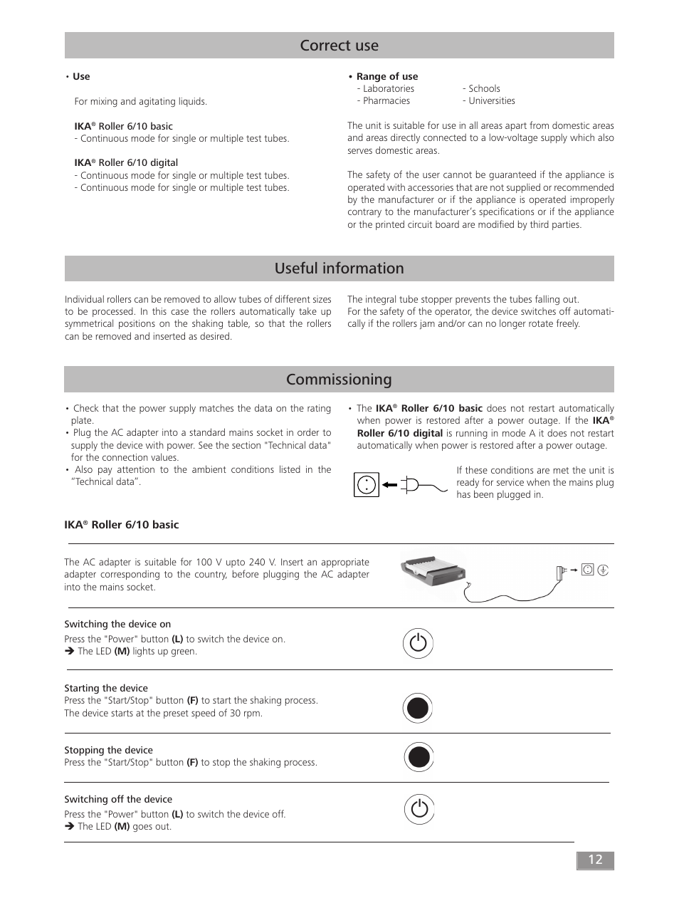 Correct use, Useful information, Commissioning | IKA ROLLER 10 digital User Manual | Page 12 / 48